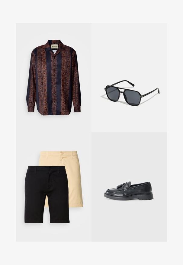 Jūras zila pogām pieliekama krekla ar ziedu ģeometrisko rakstu oranžu toņu krāsās. Tam ir apkakle un garas piedurknes ar pogām.; Melni un bēši kokvilnas šorti ar pogu aizdari, jostas cilpām un taisnu piegriezumu. Melnie šorti ir priekšā.; Melnas ādas loafers ar noapaļotu pirkstu, siksnu ar pompiņām un masīvu zoli ar protektora rakstu. Gluda tekstūra un klasiskā dizaina.; Melnas saules brilles ar astoņstūra rāmī, tumšiem stikliem, spīdīgu apdari, plānām kājām un zelta akcentiem priekšpusē.; Daudzslāņu kaklarota ar metāliskām sudraba ķēdēm un pērlēm baltās un brūnās krāsās, demonstrējot dažādas tekstūras un formas.