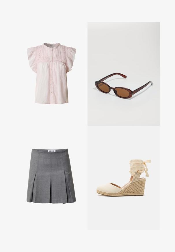 Helle rosa Bluse mit kurzen Puffärmeln, gerafftem Oberteil, rundem Ausschnitt und Knopfleiste. Hergestellt aus leichtem Stoff mit weicher Textur.; Grauer plissierter Rock aus strukturiertem Stoff. Verfügt über einen geraden Schnitt, einen dezenten Glanz und ein Etikett am Bund. Entworfen für eine figurbetonte Silhouette.; Beige Espadrille-Wedge mit Obermaterial aus Leinen, offenem Zehenbereich und weichen Ripsband-Schnürsenkeln. Strukturierter Jute-Wedge mit geflochtenem Muster.; Runde, braun getönte Sonnenbrillen mit einem glänzenden burgunderfarbenen Rahmen. Schlanke Bügel mit dezentem Branding. Flaches Linsendesign.