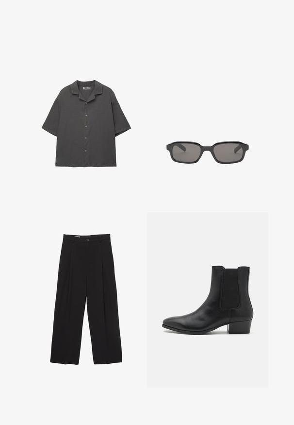 Kratke rukave, srajca na gumb v temno sivi tkanini. Ima kamp ovratnik, ravno krojenje in subtilno teksturo. Pet gumbov spredaj.; Črne široke hlače iz gladkega blaga, z ravnim pasom, sprednjimi povešalnimi pregibi in enim gumbom za zapiranje.; Zign LEATHER - Klasični gležnjarji - black; Črne pravokotne sončna očala s temno sivimi lečami, s širokim plastičnim okvirjem in gladko teksturo. Ni vidnega brendiranja.