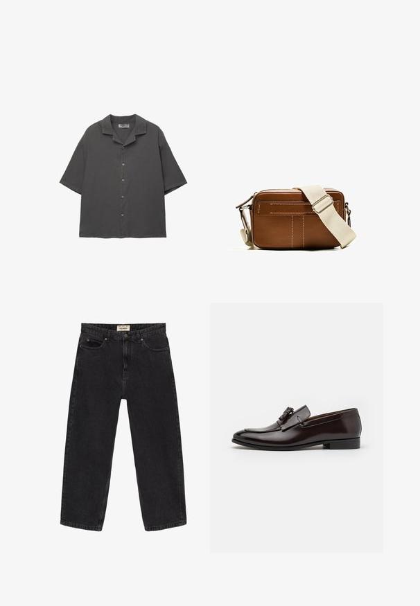 Rövid ujjú, gombos ing sötétszürke anyagból. Jellemzője a tábori gallér, egyenes szabás és finom textúra. Öt gomb a mélyén.; Fekete denim farmer, laza szabással. Öt zseb, elöl gombos záródás és varrási részletek jellemzik. Enyhe fakulású textúra.; Barna bőrből készült, fényes felületű loaferek, díszes bojt részlettel és lekerekített orral. Lapos gumitalp a kényelem érdekében.; Barna bőr keresztpántos táska fehér varrással, téglalap alakú, cipzáras záródással és bézs állítható pánttal. Két elülső zsebbel rendelkezik.