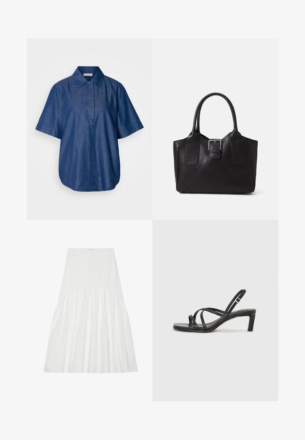 Tumedast sinisest denimist lühikeste silkidega särk, millel on klassikaline krae, lõdva lõikega ja eesmine pliiats, millel pole nähtavaid kinnitusi. Sile tekstuur.; Valge, põlve pikkune puuvillane seelik. Omab kogutud detaile vööl, sujuvat tekstuuri ja lihtsat, klassikalist A-laini siluetti.; Mustast rihmajalatsid ruudukujulise varba ja madala ploki kontsaga. Omab mitmeid õhukesi rihmasid ja reguleeritavat pahkluu rihma. Valmistatud siledast nahast.; Mustgamma nahast kott, millel on sile tekstuur, struktureeritud kuju, kaks käepidet ja esiküljel silmapaistev hõbedane pandla detail.