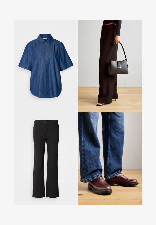 Sötétkék farmer rövidujjú ing, klasszikus gallérral, laza fazonnal és látható csatolás nélküli elülső gombolással. Sima textúra.; Fekete pamut keverék nadrág egyenes szárú dizájnnal, elülső gombos záródással és két oldalsó zsebbel. Simára kialakított textúra, nincs látható minta.; Barna bőr loafert viselő személy kék farmerban, egy semleges háttér előtt, egy fa padlón áll.; Fekete kézi táska strukturált formával, sima textúrával és fémből készült záródással. Széles fekete nadrággal és nyitott orrú szandállal párosítva, fából készült padlón.