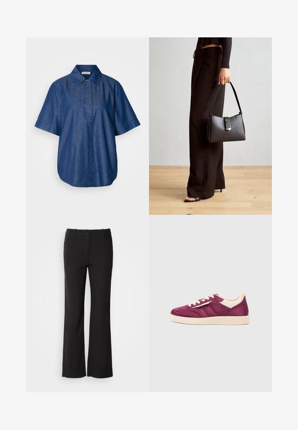 Denim short-sleeve shirt in dark blue, featuring a classic collar, relaxed fit, and a front placket with no visible fastenings. Smooth texture.; Black cotton blend trousers with a straight-leg design, front button closure, and two side pockets. Smooth texture, no visible patterns.; Purple leather sneaker with beige accents, featuring a rounded toe, lace-up front, and side stripes. Textured finish on upper.; Black handbag with structured shape, smooth texture, and a metallic clasp. Paired with wide black pants and open-toe sandals on wooden floor.