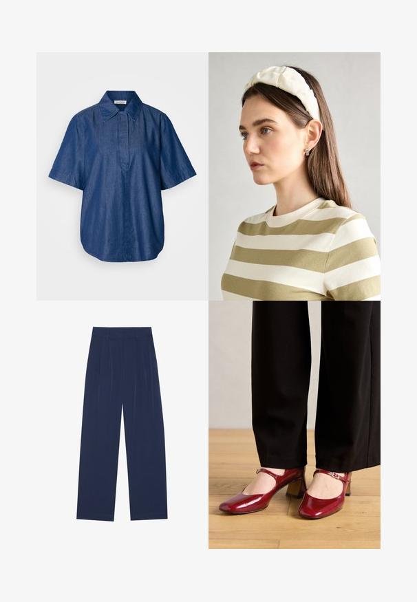 Tummansininen farkkilyhythihainen paita, jossa on klassinen kaulus, rento malli ja edessä nappilista ilman näkyviä kiinnityksiä. Tasainen tekstuuri.; Navy siniset leveälahkeiset housut, joissa on pehmeä kangas, etuvaljaat, sileä pinta ja suora malli ilman näkyviä taskuja.; Punaiset patentoidusta nahasta valmistetut Mary Jane -kengät neliösuudella, nauha instepin yli ja matala lohkokorko. Yhdistetty mustiin housuihin.; Kermainen pehmustettu pääpanta, jossa on kiertävä muotoilu, yhdistettynä beige-valkoraidalliseen puseroon, jossa on pyöreä pääntie. Huomaamaton koruasu.