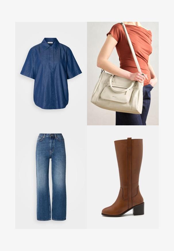Camisa de manga corta de mezclilla en azul oscuro, con un cuello clásico, corte relajado y una tapeta delantera sin cierres visibles. Textura suave.; Jeans de mezclilla azul de tiro alto, de pierna ancha, con un lavado degradado, costuras de cobre, cierre de botón en la parte delantera y cinco bolsillos.; Bota de cuero marrón hasta la rodilla con punta redondeada, costuras laterales y tacón bloque. Cuenta con un tirador en la parte posterior para facilitar el uso.; Bolso de mano de cuero blanco con asas dobles y correa desmontable, con un bolsillo delantero con cremallera y textura suave. Sosteniéndolo en el brazo de una persona.