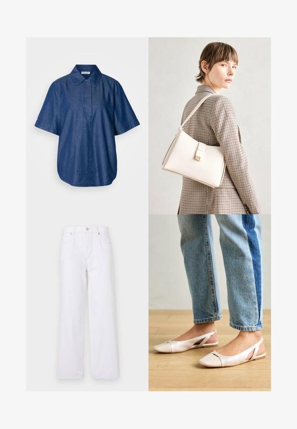 Jeansskjorta med kort ärm i mörkblått, med klassisk krage, avslappnad passform och framknäppning utan synliga knappar. Slät textur.; Vita vida byxor i denim med hög midja, framknäppning och subtila sömnadsdetaljer längs fickorna och sömmarna.; Ljust rosa slingback-lägenheter med spetsig tå, tillverkade av ett slätt läderliknande material. Har utskurna detaljer på sidorna och en platt häl.; Vit läderhandväska med en strukturerad design, med en magnetknäppning och en axelrem, visad mot en neutral bakgrund.