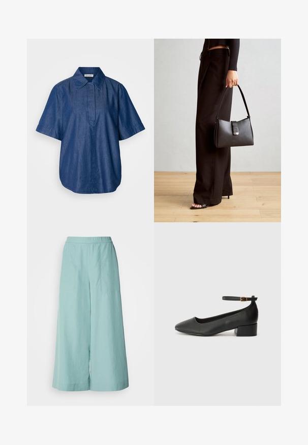 Denim srajca s kratkimi rokavi v temno modri barvi, z klasičnim ovratnikom, sproščenim krojem in sprednjim delom brez vidnih zakovic. Gladka tekstura.; Hlače širokega kroja v akvamarin barvi, izdelane iz lahkotnega materiala, z elastičnim pasom in čistimi, minimalnimi šivi.; Črne usnjene pumpice z nazobčanimi prsti in nizko blokasto peto. Imajo trak okoli gležnja z zaponko v zlatem tonu. Gladka tekstura.; Črna torbica z strukturirano obliko, gladko teksturo in kovinskim zaponko. Ujemajo se z širokimi črnimi hlačami in odprtimi sandali na lesenem tleh.
