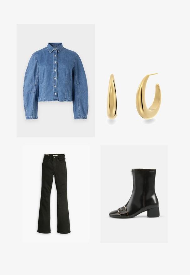 Lyhennetty vaaleansininen farkkutakki, jossa on nappikiinnitys edessä, terävä kaulus ja puffihihat sivusaumojen kanssa.; Mustat leveät farkut denimistä. Ominaisuuksiin kuuluu klassinen viiden taskun muotoilu, vetoketjukiinnitys, kestävä ompelu ja siisti helma.; Mustassa nahassa tehty nilkkuri, jossa on pyöreä kärki, sivuvetoketju ja hopeinen solkiyksityiskohta. Omistaa paksun koron ja kontrastiväriset saumat.; Korvakorut, jotka on päällystetty kultaisella värillä ja joissa on sileä, vähitellen kapeneva muotoilu. Ne ovat kiiltävällä pinnalla ja kaarevalla siluetilla, mikä korostaa niiden modernia muotoa.