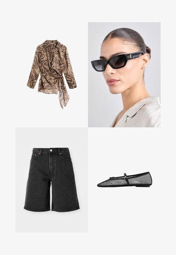 Lange mouwen, gehoogde wikkelblouse in beige met een bruine tijgerprint; heeft een gestrikt taille en een zachte, doorschijnende textuur.; Zwarte denim shorts met een hoge taille, voorzien van vijf zakken, koperen klinknagels en een donkere wastextuur. Rechte broekspijpen met een schone zoom.; Zwarte mesh balletflat met spitse neus, een decoratieve band en subtiele accenten. Heeft een open-net ontwerp en een platte zool.; Zwarte rechthoekige zonnebril met getinte lenzen, voorzien van dikke monturen en gouden hardware details op de slapen. Gladde, glanzende textuur.; Geweven bruin handtas met een ronde silhouet, voorzien van een bovenhandvat en een gestructureerde oppervlakte. Compact ontwerp met een platte basis voor stabiliteit.