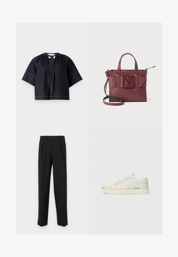 CLOSED Blūze - black; Melnas bikses, kas izgatavotas no gludas auduma, ar priekšējām krokām, vienu pogu aizdari un taisnām kājām. Minimālistisks dizains bez rakstiem.; Off-white zemas tenisa kurpes ar auklām, baltā iekšējā oderē un maiga daudzkrāsaina apmale ap zoli, sānu skats.; Burgundijas krāsas ādas rokassoma ar divām rokturiem, regulējamu plecu siksnu un iegravētu logotipu priekšpusē. Iekļauj divas sānu kabatas un elegantu dizainu.