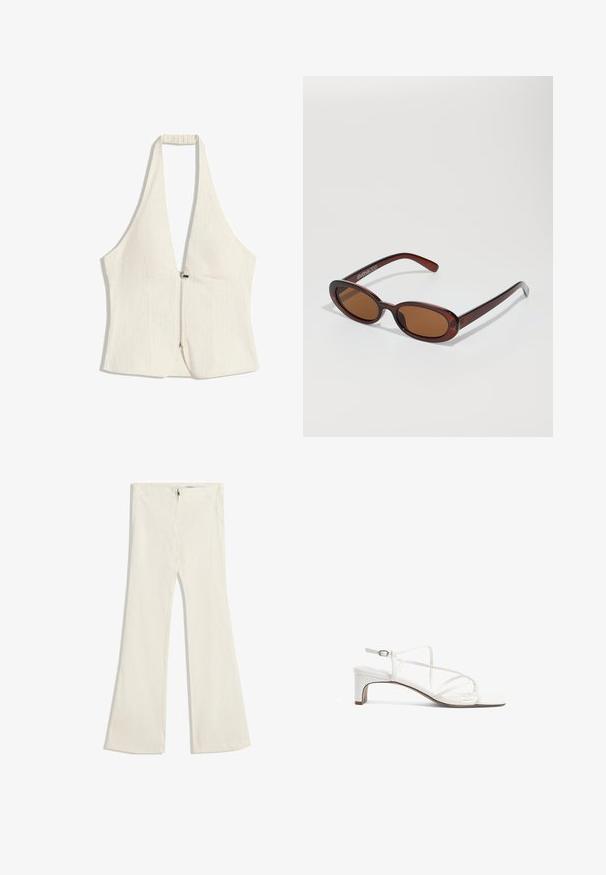 Top halter en beige clair, présentant un décolleté en V profond et une fermeture éclair à l'avant. Le tissu a une texture subtile, avec des panneaux structurés et sans manches.; Pantalons évasés en tissu beige clair avec une texture subtile. Dotés d'une fermeture éclair et de deux poches sur le devant.; Sandale blanche à talon avec un design de brides fines, bout carré et un petit talon bloc. Fini lisse avec un détail de bride réglable à la cheville.; Lunettes de soleil rondes teinte brun avec une monture bordeaux brillante. Branches fines avec un détail de marque subtil. Design de verres plats.; Sac à main en cuir beige au toucher lisse, avec deux poignées arrondies et des accents à cravate ajustables de chaque côté. Éléments en métal argenté.