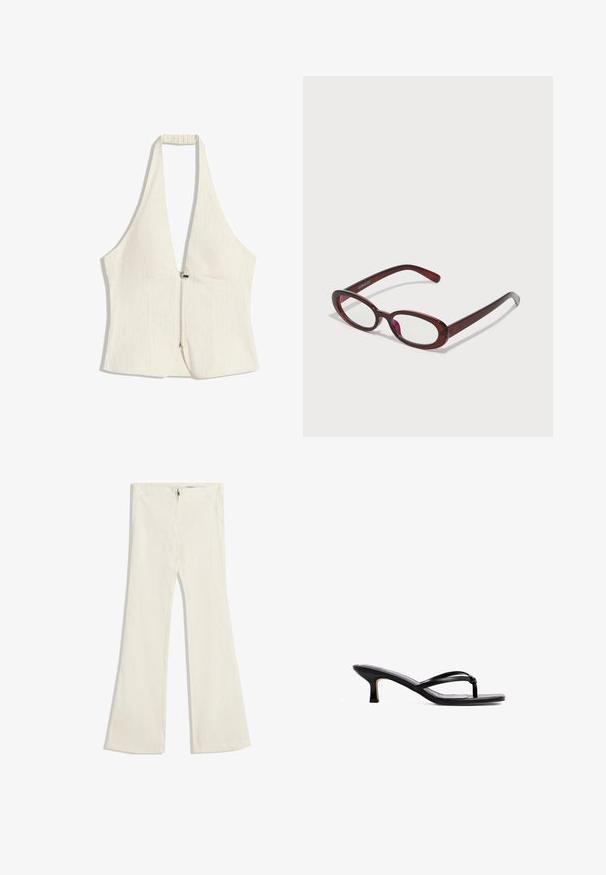 Haltertop in hellem Beige mit tiefem V-Ausschnitt und einem Reißverschluss vorne. Der Stoff hat eine dezente Textur, mit strukturierten Paneelen und ohne Ärmel.; Schicke Schlaghosen aus leicht beigem Stoff mit subtiler Textur. Verfügt über einen Reißverschluss und zwei Fronttaschen.; Schwarze High Heels Sandalen mit einem feinen, schnürenden Design und einem Knoten-Detail an der Zehenpartie. Hergestellt aus glattem Material, mit einem leichten Absatz.; Ovale rote Sonnenbrillen mit klaren Gläsern und schlanken braunen Fassungen. Das Design weist sanfte Kurven und minimalen Hardwareeinsatz auf.; Beige Lederhandtasche mit glatter Textur, zwei runden Griffen und verstellbaren Krawattenakzenten an beiden Seiten. Verfügt über Hardware in Silberoptik.