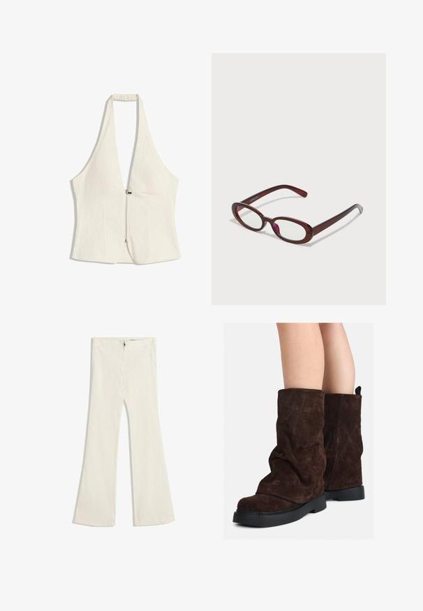 Halterneck top v světle béžové barvě, s hlubokým výstřihem do V a předním zipem. Tkanina má jemnou texturu, strukturované panely a bez rukávů.; Rozšířené kalhoty v světlé béžové tkanině s jemnou strukturou. Mají zipový uzávěr a dvě kapsy na přední straně.; Hnědé semišové kozačky po lýtka s černými gumovými podrážkami nošené na nahých nohách, s mírným pomačkáním na nohavicích.; Ovalo tvarované červené sluneční brýle s průhlednými skly a elegantními hnědými rámy. Design má jemné křivky a minimální hardware.; Beige kožená kabelka s hladkým povrchem, dvojitými zakulacenými držadly a nastavovacími vázacími akcenty po stranách. Obsahuje stříbrné hardware.