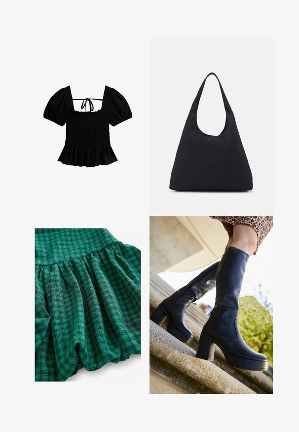New Look Blouse - black; Green plaid fabric features with varying shades, gathered texture, and ruffled hem. Material looks breathable and lightweight.; mtng NEW - Platform boots - black; Black fabric bag with a single, wide shoulder strap. Soft, semi-structured shape and smooth texture; minimal design, without visible hardware.