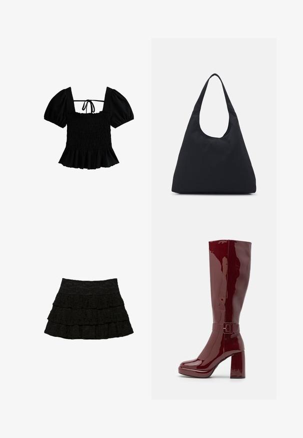New Look Blouse - black; Black tiered skirt featuring three layers of ruffles with a textured floral pattern. Elastic waistband for comfort and fit.; Even&Odd Wide Fit High heeled boots - red; Black fabric bag with a single, wide shoulder strap. Soft, semi-structured shape and smooth texture; minimal design, without visible hardware.
