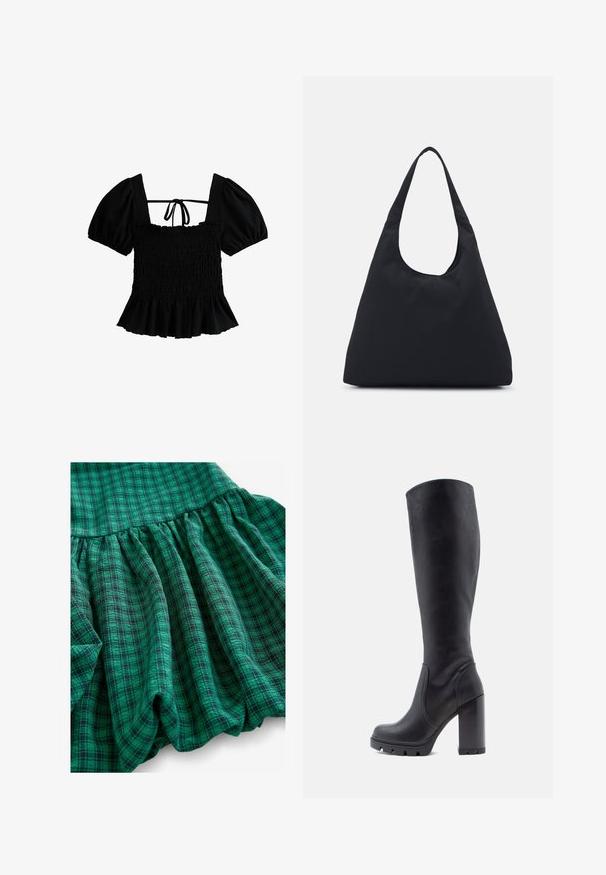 New Look Blouse - black; Green plaid fabric features with varying shades, gathered texture, and ruffled hem. Material looks breathable and lightweight.; Black knee-high boot, smooth leather material, chunky heel, rounded toe, textured sole with grip, sleek design without embellishments.; Black fabric bag with a single, wide shoulder strap. Soft, semi-structured shape and smooth texture; minimal design, without visible hardware.