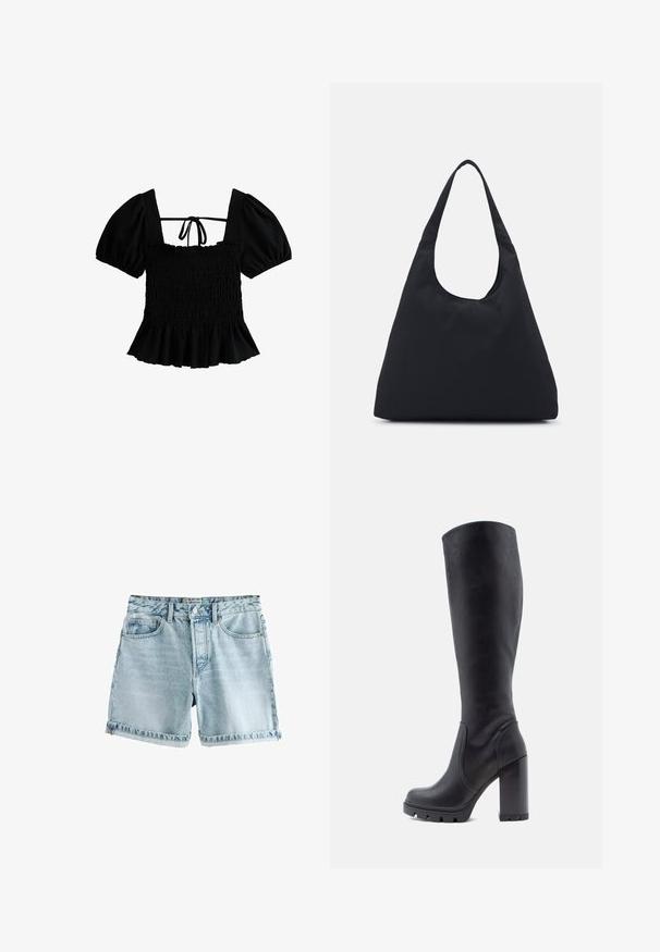 New Look Camicetta - black; Shorts in denim azzurro chiaro con orlo grezzo, cinque tasche e chiusura con bottone. Il tessuto presenta una texture leggermente usurata.; Stivale nero fino al ginocchio, materiale in pelle liscia, tacco spesso, punta tonda, suola testurizzata con grip, design elegante senza adornamenti.; Borsa di tessuto nera con un'unica tracolla larga. Forma morbida e semi-strutturata, con una texture liscia; design minimale, senza hardware visibile.