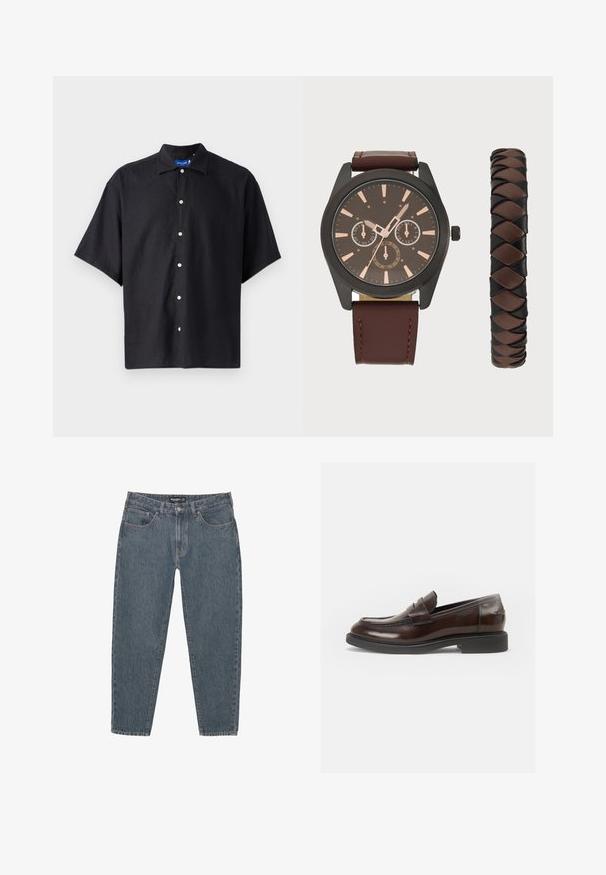 Chemise noire à manches courtes en tissu léger, avec un col pointu et une fermeture à boutons sur le devant avec des boutons blancs.; Jean en denim bleu foncé, coupe décontractée, design à cinq poches, fermeture à bouton et ourlet légèrement effiloché. Matériau durable avec une texture subtile.; Vagabond ALEX - Mocassins de ville - chestnut; Pier One SET - Montre - black/brown