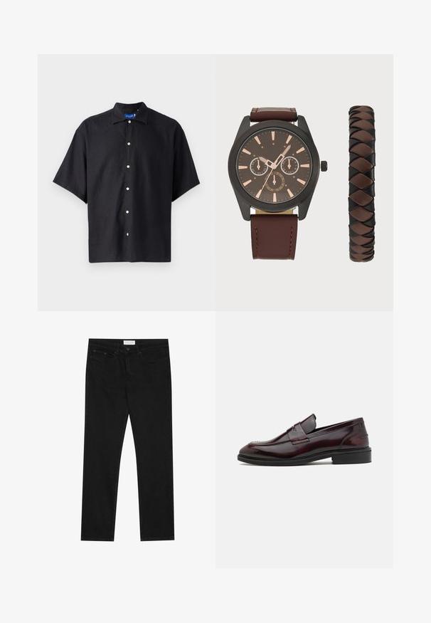 Chemise noire à manches courtes en tissu léger, avec un col pointu et une fermeture à boutons sur le devant avec des boutons blancs.; Jean droit noir avec un design à cinq poches, fermeture à bouton et zip, et une étiquette de marque Pier One sur la taille.; Mocassins en cuir bordeaux avec une finition lisse, un accent rectangulaire à l'avant et une pointe arrondie, dotés d'une semelle en caoutchouc noir.; Pier One SET - Montre - black/brown