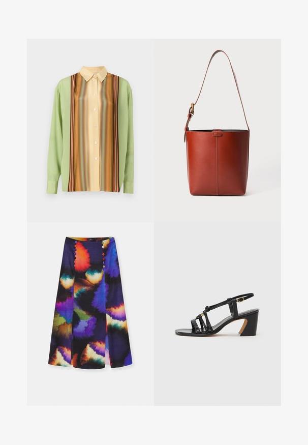 Pikaäärega särk helesinises ja kreemjas kollases, millel on vertikaalsed triibumustrid pruunis, oranžis ja punases; ees on viis nööpi.; PS Paul Smith WOMENS SKIRT - Pliiatsseelik - multicolored; Paul Smith AMIRA - Klassikalised kontsakingad - black; Pruun nahast ämbri kott reguleeritava õlavööga ja kuldse määrdega, lihtne vertikaalne õmblusdetail ees.