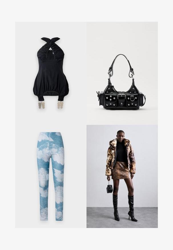Melna halter-top blūze ar savilkta auduma detaļām, kvadrātveida dekoltē un elastīgām akcentiem. Līdzās ir priekšējais rāvējslēdzējs un unikāla dekoratīvā aparatūra apakšmalā.; Legingi ar zilu džinsu fonu un baltām mākoņu ražām. Audums izskatās elastīgs, ar pieguļošu dizainu un potīšu garumu.; Puffa jaka ar brūnu un melnu rakstu, kombinēta ar brūnu čūskas raksta mini svārkiem, melniem līdz ceļgala zābakiem un mazu melnu somiņu.; Melnas ādas rokturmais ar izliekumu, ar sudraba iedurtiem, sprādzi un divām sānu kabatām. Regulējams siksniņas garums dažādām nēsāšanas iespējām.; Sudraba zvaigžņu formas auskari ar teksturētām spikes, kuriem ir caurspīdīgi rhinestones un marquise formas centrālā akmens.