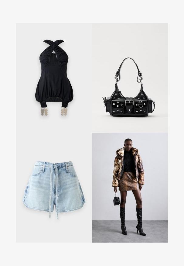Haut en halter noir avec tissu froncé, décolleté carré et accents élastiques. Comprend une fermeture éclair à l'avant et un matériel décoratif unique à l'ourlet.; Shorts en denim bleu clair avec une taille à cordon, cinq poches et des bords effilochés. Le tissu a une texture usée.; Doudoune avec un motif marron et noir, associée à une mini-jupe en simili-cuir serpent marron, des bottes noires jusqu'au genou et un petit sac noir.; Sac à main en cuir noir au design courbé, avec des clous en argent, une boucle et deux poches latérales. Bandoulière réglable pour différentes options de transport.