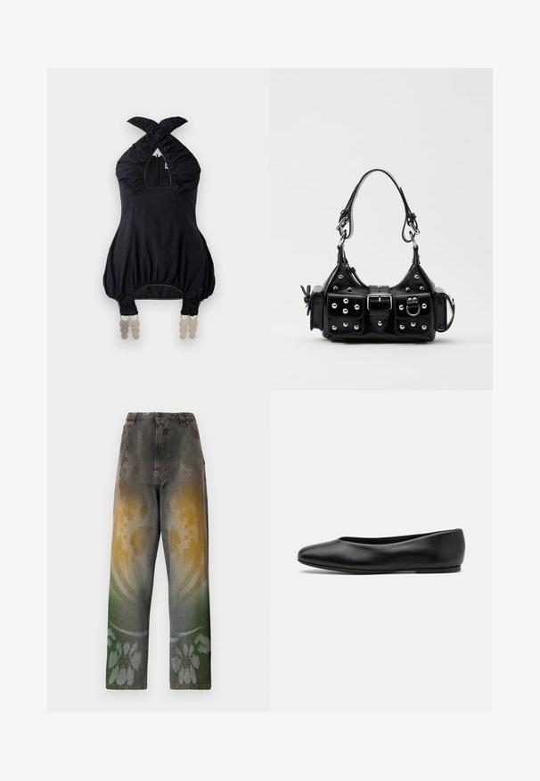 Musta halterneck-top, jossa on kootut kankaat, neliömäinen pääntie ja elastiset yksityiskohdat. Siinä on etuvetoketju ja ainutlaatuinen koristeellinen varustus helman kohdalla.; Korkeavyötäröiset farkut haalistuneesta denimmateriaalista, jossa on keltainen, vihreä ja sininen sävy yhdistävä graadianttikuvio; kukkakuosi lahkeensuussa.; Paul Smith TOPANGA - Ballerinat - black; Musta nahkainen käsilaukku, jossa on kaareva muotoilu, hopeiset niitit, solki ja kaksi sivutaskua. Säädettävä olkahihna erilaisiin kantovaihtoehtoihin.; Hopeakuiskaavina muotoiltuja tähtiä, joissa on kuvioituja piikkejä, kirkkaat kimalteet ja marquise-leikkauksella oleva keskipiste.