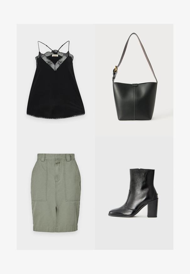 Črna majica s tankimi naramnicami, ki se lahko prilagajajo, z čipkastim globokim izrezom in valovitimi robovi. Gladko blago z rahlim leskom.; Khaki bomba krilo s ravnim krojem, dvema sprednjima žepoma, zadrgo in zankami za pas. Gladka tekstura z subtilnim sijajem.; Črne usnjene gležnarske čevlje z gladko teksturo, koničastim nosom in debelim visokim petam. Imajo stransko odprtino in minimalističen dizajn.; Črna usnjena torba za ramo z gladko teksturo, ukrivljeno obliko in eno nastavljivo naramnico, ki ima zlate detajle in blagovno znamko.
