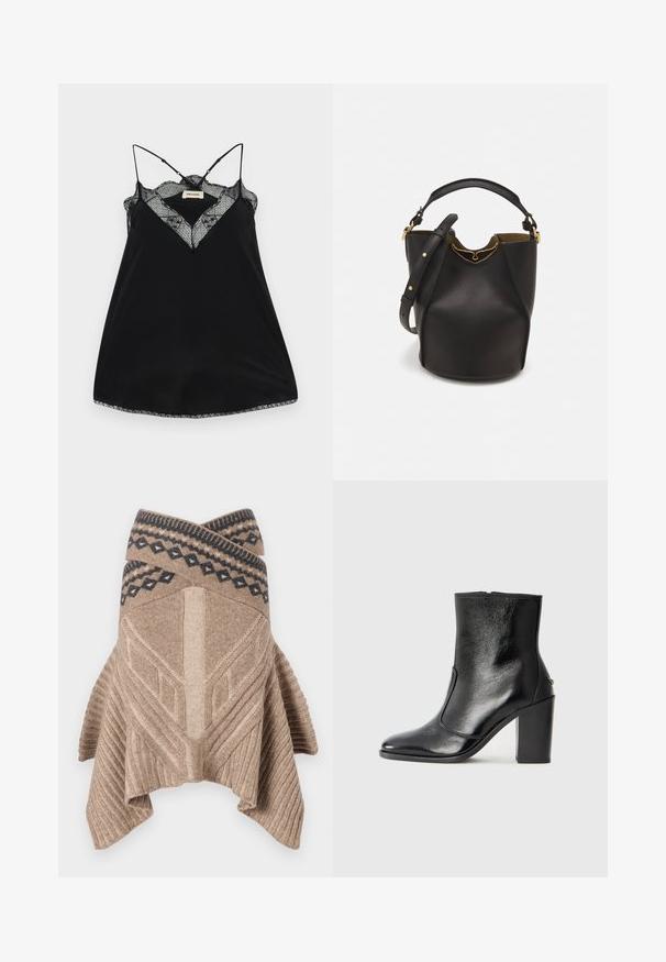 Melna topiņa ar regulējamiem siksniņām, ar mežģīņu kakla izgriezumu un viļņotām malām. Gluda auduma ar vieglu spīdumu.; Bežs adījuma pončo ar ribotu tekstūru, ģeometrisku dizainu un kontrastējošu rakstu malu tumši zilā krāsā. Nolaista, asimetriska apakšmala.; Melnas ādas potīšu zābaki ar gludu tekstūru, smailu purngalu un masīlu augstu papēdi. Iekļauts sānu atvērums un minimālistisks dizains.; Melnas ādas spainīša somas ar teksturētu apdari, zelta metāla aksesuāriem un atvērtu augšu. Piedāvā īsu rokturi un regulējamu plecu siksnu.