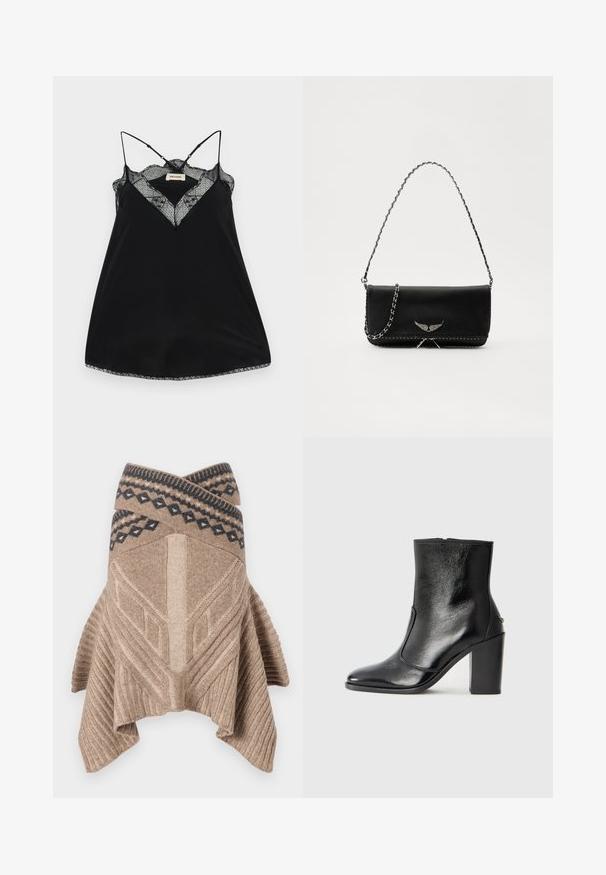 Melna topiņa ar regulējamiem siksniņām, ar mežģīņu kakla izgriezumu un viļņotām malām. Gluda auduma ar vieglu spīdumu.; Bežs adījuma pončo ar ribotu tekstūru, ģeometrisku dizainu un kontrastējošu rakstu malu tumši zilā krāsā. Nolaista, asimetriska apakšmala.; Melnas ādas potīšu zābaki ar gludu tekstūru, smailu purngalu un masīlu augstu papēdi. Iekļauts sānu atvērums un minimālistisks dizains.; Melnas ādas rokassomā ar sudraba ķēdes siksnu, kurai ir dekoratīvi spārnu akcenti un baltā šuvēšana apakšējā šuvē.