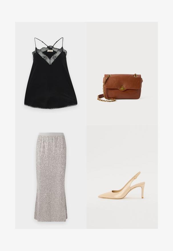 Musta kampsun, millel on reguleeritavad rihmad, pitsist madal kaelus ja lainelised ääred. Sile kangas, millel on kerge sära.; Knee-length, hõbedast sädelev seelik, millel on sobiv vöökoht, vertikaalsete säravmustrite ja külgsalvritega liikumise mugavuse tagamiseks.; Nude patenti nahkkingad kõrged kontsad, terava ninaga, avatud vamp ja õhuke stilettokonts. Omab ringikujulist kuldset aktsenti rihmal.; Pruunist nahast risti keha kott klapiga kinnitusega, kuldsetest detailidest ja ahelaga rihmast. Sile tekstuur, ristkülikukujuline kuju, minimaalsete detailidega.