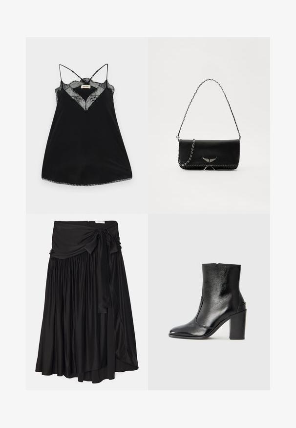 Črna majica s tankimi naramnicami, ki se lahko prilagajajo, z čipkastim globokim izrezom in valovitimi robovi. Gladko blago z rahlim leskom.; Črna krila iz gladkega, tekočega blaga; ima širok, drapiran pas z vezalko in nabranim detajlom za zračen izgled.; Črne usnjene gležnarske čevlje z gladko teksturo, koničastim nosom in debelim visokim petam. Imajo stransko odprtino in minimalističen dizajn.; Črna usnjena torbica s srebrnim verižnim ročajem, ki ima okrasne krilate poudarke in belo šivanje ob spodnjem šivu.