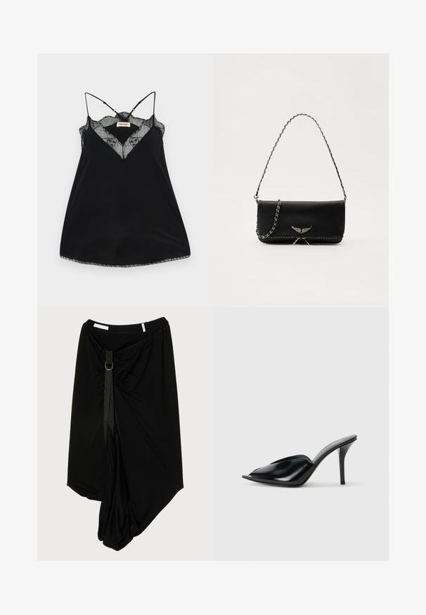 Camisolă neagră cu bretele ajustabile, featuring un decolteu din dantelă adânc și margini ondulate. Material neted cu un ușor luciu.; Fustă neagră asimetrică, realizată dintr-un material moale, având un panou fronțal pliat, cu un curea decorativă și un accent din inel metalic.; Mule-uri negre din piele cu toc înalt, cu vârf deschis, design ascuțit, textură fină și toc subțire stiletto.; Geantă de mână din piele neagră cu un lanț din argint, având accente decorative în formă de aripi și cusături albe de-a lungul cusăturii de jos.