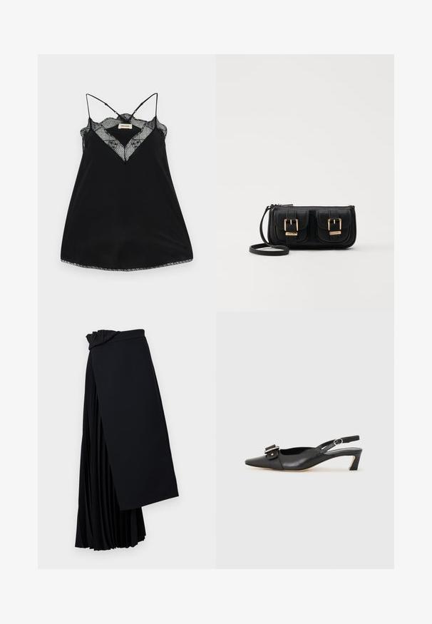 Schwarzes Trägertop mit verstellbaren Trägern, ausgestattet mit einem Spitzen-Ausschnitt und gewellten Kanten. Glattes Material mit leichtem Glanz.; Schwarzer plissierter Rock aus leichtem Stoff. Verfügt über ein drapierendes Taillendesign und eine fließende Silhouette mit geschichteten Falten.; Schwarzer Leder Slingback-Schuh mit spitzer Zehenform, kleinem Absatz und dekorativem Schnallen-Detail auf dem Obermaterial. Glatte Textur, minimalistisches Design.; Schwarze Leder-Umhängetasche mit zwei vorderen Taschen, goldenen Schnallen, Reißverschluss und einem schmalen Tragegurt. Texturierte Oberfläche und kompakte rechteckige Form.