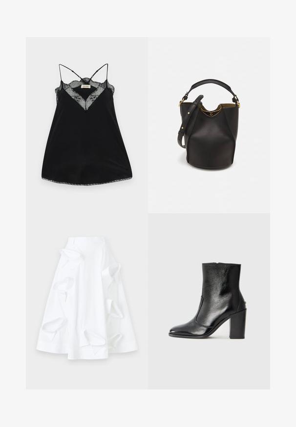 Musta toppi säilytettävillä olkaimilla, jossa on pitsinen syvään uurrettu kaula-aukko ja aaltoilevat reunat. Sujuva kangas kevyellä kiillolla.; Valkoinen A-linjainen hame, joka on valmistettu puuvillasta ja jossa on suurikokoisia leikattuja yksityiskohtia ja sileä pinta. Sisältää muotoillun vyötärönauhan.; Mustat nahka ankle bootit, joissa on sileä pinta, terävä kärki ja paksu korkea korko. Sivusaumassa on avaus ja muuten yksinkertainen muotoilu.; Mustan nahka-buckettikassi, jossa on teksturoitu pinta, kultaiset metalliosat ja avoin yläosa. Ominaisuuksiin kuuluu lyhyt kahva ja säädettävä olkahihna.