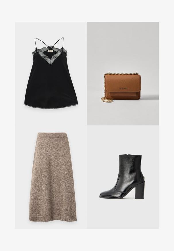 Camisole noire avec des bretelles réglables, dotée d'un décolleté en dentelle plongeant et de bords festonnés. Tissu lisse avec un léger éclat.; Jupe tricotée dans une teinte brune chaude avec un motif texturé, taille ajustée et silhouette évasée, featuring des accents côtelés à l'ourlet.; Bottine en cuir noir, avec une texture lisse, un bout pointu et un talon chunky haut. Présente une ouverture sur le côté et un design minimaliste.; Sac en cuir texturé marron en bandoulière avec une sangle en chaîne dorée et une fermeture à rabat. L'avant présente un détail de logo et une poche sous le rabat.