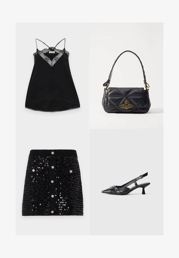 Černý top s nastavovacími ramínky, s krajkovým výstřihem a zubatými okraji. Hladká tkanina s mírným leskem.; Černá sukně se třpytkami s přiléhavým střihem, dvěma předními kapsami a dekorativními knoflíky s akcenty připomínajícími drahé kameny. Hladká textura po celé délce.; Černé kožené slingback boty s špičatou špičkou, dekorativními pásky s kovovými očky a nízkým blokovým podpatkem. Texturovaný povrch.; Černá prošívaná kožená kabelka se zlatým logem. Vybavena krátkým madlem a strukturovaným obdélníkovým tvarem. Texturovaný povrch.