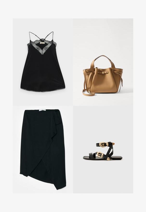 Fekete ujj nélküli blúz állítható pántokkal, csipkés, mély dekoltázzsal és hullámos szegéllyel. Simább anyag enyhe fényességgel.; Fekete, vékony anyagú bugyogó szoknya, finom textúrával. Aszimmetrikus alj és oldalsó redő részlet. Nincs látható fém alkatrész vagy díszítés.; Fekete bőr szandál arany csattal, több hevederrel és lapos talpú dizájnnal, nyitott lábujjú viselethez.; Tory Burch ROMY PEBBLED SATCHEL - Kézitáska - tiramisu