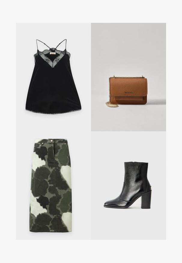 Melna topiņa ar regulējamiem siksniņām, ar mežģīņu kakla izgriezumu un viļņotām malām. Gluda auduma ar vieglu spīdumu.; Armijas raksta džinsa svārki tumši zaļā un melnā krāsā, ar augstu jostu, četriem kabatām un metāla akcentiem. Vidēja garuma un taisna griezuma.; Melnas ādas potīšu zābaki ar gludu tekstūru, smailu purngalu un masīlu augstu papēdi. Iekļauts sānu atvērums un minimālistisks dizains.; Brūna teksturēta ādas plecu soma ar zelta ķēdes siksnu un atloka aizdari. Priekšpusē ir logotipa detaļa un kabata zem atloka.