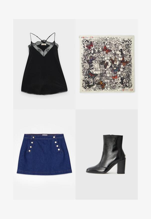 Juodas camisole'as su reguliuojamomis petnešėlėmis, pasižymintis nėriniuota iškirpte ir bangos formos kraštais. Lygus audinys su šiek tiek blizgesio.; FRAME SAILOR SNAP SKIRT - Džinsinis sijonas - celestine; Juodas odinis kulkšninis batas su lygiu paviršiumi, smailiu pirštu ir masyviu aukštu kulnu. Savybė - šoninis atidarymas ir minimalistiškas dizainas.; Kvadratinis šilkinis šalikas, kuriame pavaizduotos detalius drugelių piešiniai įvairiomis spalvomis ant šviesaus fono, su juodais kontūrais ir dekoratyviniais raštais.