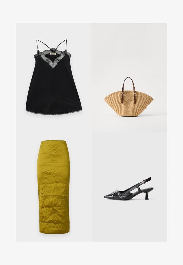 Schwarzes Trägertop mit verstellbaren Trägern, ausgestattet mit einem Spitzen-Ausschnitt und gewellten Kanten. Glattes Material mit leichtem Glanz.; Olivgrüner Bleistiftrock aus strukturiertem, gerunzelt wirkendem Stoff. Gerader Schnitt und mittellanges Design. Nahtdetails sind entlang der Silhouette sichtbar.; Schwarzer Leder-Slingback-Schuh mit spitz zulaufender Zehenpartie, dekorativen Riemen mit METALLÖSEN und niedrigem Blockabsatz. Strukturelle Oberfläche.; Strohhästchen in Fächerform mit braunen Ledergriffen und strukturiertem Gewebe. Natürlicher Tan-Farbton mit glatter Oberfläche und minimalen Akzentdetails.