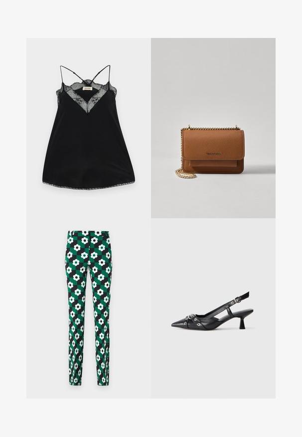 Camisole nera con spalline regolabili, caratterizzata da un scollo a V in pizzo e bordi scallopati. Tessuto morbido con una leggera lucentezza.; Pantaloni verdi e neri con un motivo a griglia, decorati con grandi fiori bianchi e centri neri. Tessuto morbido e vestibilità slim.; Scarpa slingback nera in pelle con punta affusolata, cinturini decorativi con occhielli metallici e tacco basso a blocco. Superficie testurizzata.; Borsa a tracolla in pelle marrone con texture, dotata di catena dorata e chiusura a pattina. Sul davanti presenta un dettaglio con logo e una tasca sotto la pattina.