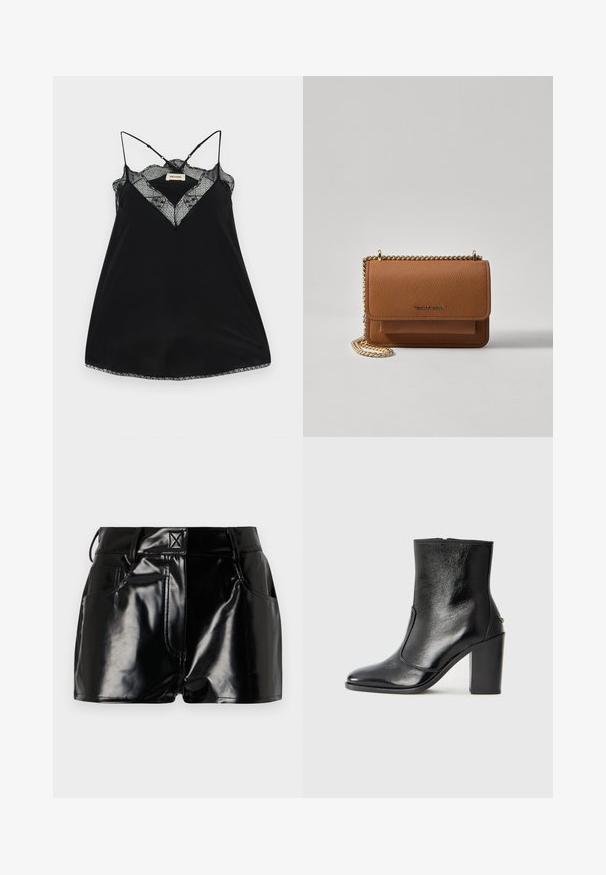 Μαύρο καμισόλ με ρυθμιζόμενους ιμάντες, που διαθέτει ντεκολτέ με δαντέλα και σκαλιστές άκρες. Λείο ύφασμα με ελαφριά γυαλάδα.; Μαύρο, γυαλιστερό σορτσάκι από συνθετικό υλικό. Διαθέτει εφαρμοστό μέσο, θηλιές ζώνης και μπροστινές τσέπες με έντονες ραφές.; Μαύρο δερμάτινο μποτάκι έως τον αστράγαλο με απλή υφή, μυτερή μύτη και χοντρό ψηλό τακούνι. Διαθέτει πλαϊνό άνοιγμα και μινιμαλιστικό σχέδιο.; Καφέ δερμάτινη τσάντα χιαστί με υφή, με χρυσή αλυσίδα στον ιμάντα και κλείσιμο με καπάκι. Στο μπροστινό μέρος υπάρχει λεπτομέρεια με λογότυπο και μία τσέπη κάτω από το καπάκι.