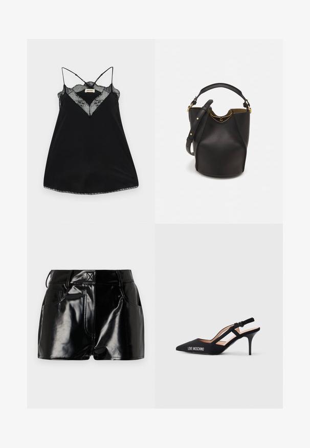 Melna topiņa ar regulējamiem siksniņām, ar mežģīņu kakla izgriezumu un viļņotām malām. Gluda auduma ar vieglu spīdumu.; Melnas, spīdīgas šorti, izgatavoti no sintētiskā materiāla. Iezīmētais viduklis, jostas cilpas un priekšējās kabatas ar izteiktām šuvju detaļām.; Melna slingback augstpapēžu kurpe ar norādītu purngalu, ar siksnas dizainu un "LOVE MOSCHINO" logo sānos. Gluda tekstūra.; Melnas ādas spainīša somas ar teksturētu apdari, zelta metāla aksesuāriem un atvērtu augšu. Piedāvā īsu rokturi un regulējamu plecu siksnu.