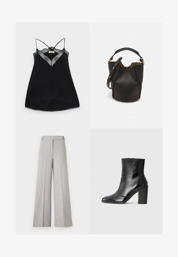 Camisolă neagră cu bretele ajustabile, featuring un decolteu din dantelă adânc și margini ondulate. Material neted cu un ușor luciu.; Pantaloni ample de un gri deschis, cu o textură netedă, având un brâu croit și un plisare frontal pentru un aspect elegant.; Botină din piele neagră, cu o textură netedă, vârf ascuțit și toc gros, înalt. Dispune de o deschidere laterală și un design minimalist.; Geantă din piele neagră în stil bucket, cu un finisaj texturat, accente din metal auriu și un compartiment deschis. Dispune de o mânere scurtă și un curea de umăr ajustabilă.