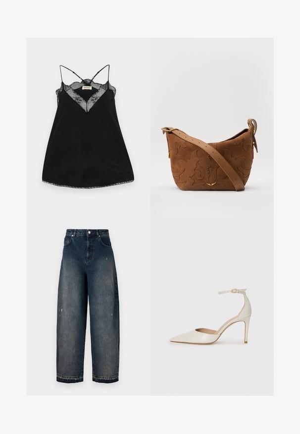 Camiseta negra sin mangas con tirantes ajustables, con un escote de encaje en forma de pico y bordes ondulados. Tejido suave con un ligero brillo.; Jeans de pierna ancha en denim oscuro con cintura alta, cinco bolsillos, costuras visibles y un leve desgaste en la parte delantera. Cierre clásico de botón y cremallera.; Zapato de tacón alto de cuero blanco con punta afilada, correa en el tobillo y un delgado tacón de aguja. Textura lisa con un sutil acabado brillante.; Bolso de hombro de ante marrón con diseño floral en relieve, complementado por una correa de cuero marrón suave y acentos de herrajes en tono dorado.