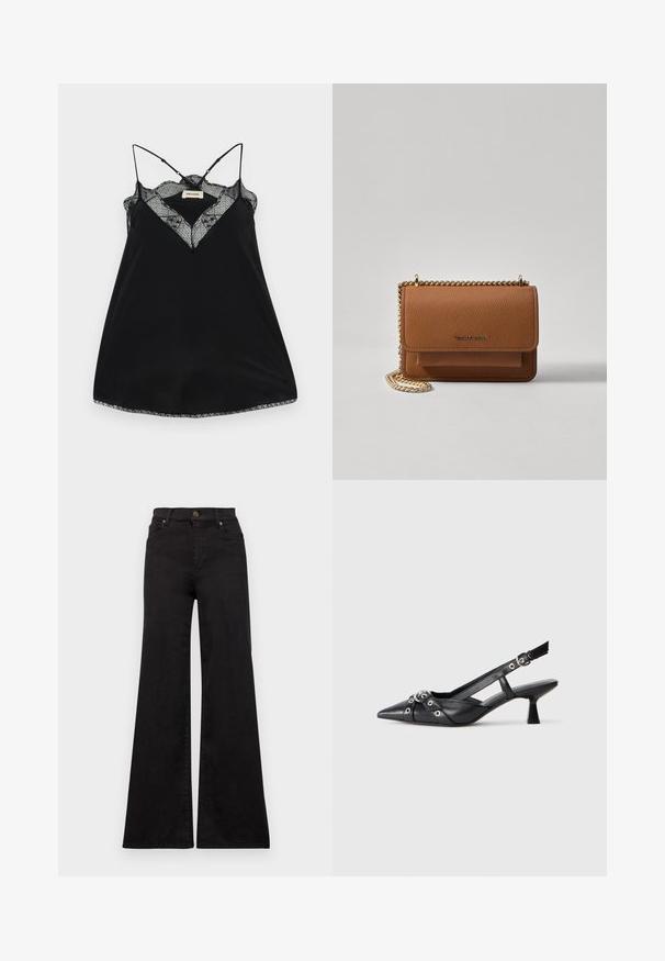 Fekete ujj nélküli blúz állítható pántokkal, csipkés, mély dekoltázzsal és hullámos szegéllyel. Simább anyag enyhe fényességgel.; Fekete, bővülő fazonú farmernadrág magas derekú, elülső zsebekkel és fém díszítéssel a gombon és a szegecseken.; Fekete bőr slingback cipő hegyes orral, dekoratív pántokkal, fém szemekkel és alacsony blokk sarkú. Texturált felület.; Barna textúrájú bőr keresztbody táska arany lánc pánttal és fedélzárral. Az elején logó részlet és egy zseb található a fedél alatt.