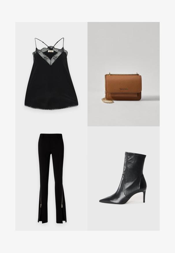Sort camisole med justerbare stropper, prydet med en blonderede V-udskæring og bølgede kanter. Glat stof med en let glans.; DSQUARED2 ICON TRUMPET PANT - Bukser - black; Sorte ankelstøvler lavet af glat læder, med spids tå, tætsiddende skaft og en slank høj hæl. Minimalistisk design uden synligt hardware.; Brun tekstureret læder crossover-taske med guldkæde-rem og klaplukning. Forsiden har logo-detalje og en lomme under klappen.