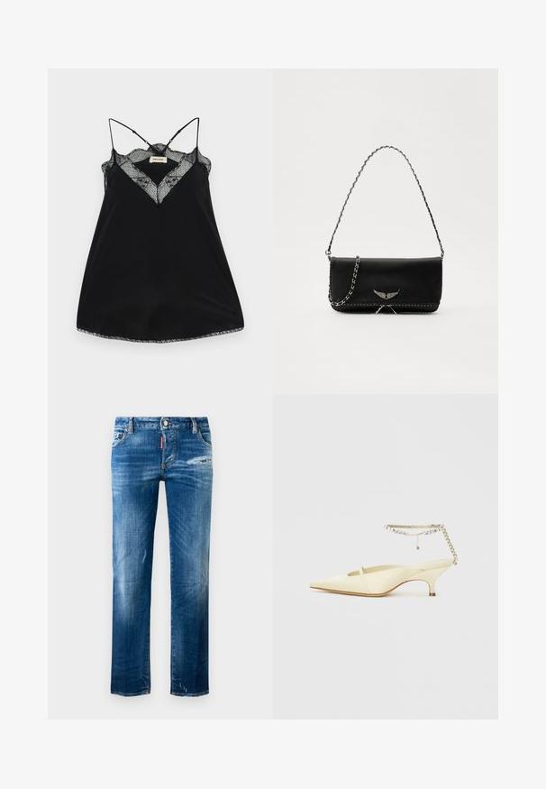 Crna majica bez rukava s podesivim naramenicama, koja ima čipkast izrez i valovite rubove. Glatka tkanina s blagim sjajem.; Plave slim-fit traperice s blagim izbljeđivanjem, blagim oštećenjem na desnoj bedri i lijevom rubu, prednjim džepovima, petljama za remen i zatvaranjem na gumb.; Žute satenske cipele s točkom, otvorenom petom i niskim potpeticom, s dekorativnim lančićem oko gležnja koji sadrži cirkone. Glatka tekstura, minimalistički dizajn.; Crna kožna torba s srebrnim lanac strapom, s dekorativnim krilnim naglascima i bijelim šavovima duž donjeg šava.