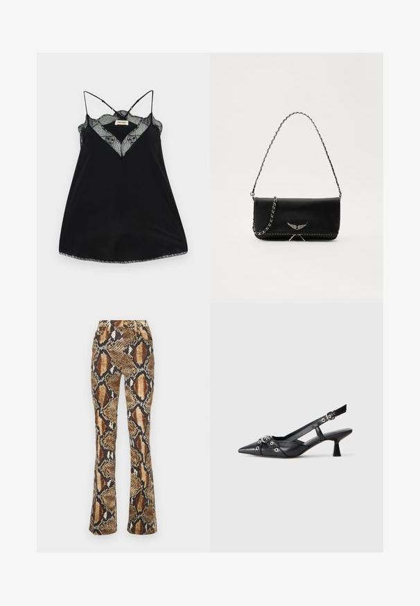 Črna majica s tankimi naramnicami, ki se lahko prilagajajo, z čipkastim globokim izrezom in valovitimi robovi. Gladko blago z rahlim leskom.; Roberto Cavalli TROUSERS - Kavbojke slim fit - brown; Črne usnjene sandale središnje zaponke z ostro konico, okrasnimi trakovi z kovinskimi očesi in nizko blokasto peto. Teksturirana površina.; Črna usnjena torbica s srebrnim verižnim ročajem, ki ima okrasne krilate poudarke in belo šivanje ob spodnjem šivu.